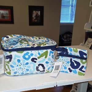 Blue and Green Patterned Cosmetic Bag Set